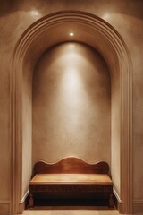 Elegant hallway nook with vintage wooden bench and arched recessed lighting for interior inspiration