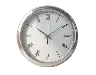 A round, metallic silver clock with a white face and Roman numerals