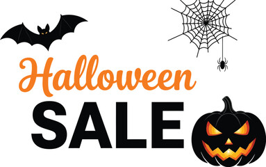Spooky Halloween sale banner with festive pumpkin, bat, and spiderweb for holiday shopping