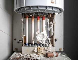 Damaged water heater, interior exposed