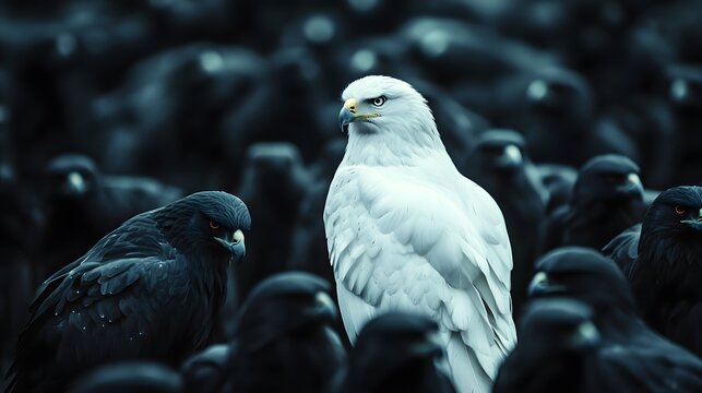 Photograph of a white bird standing apart from a group of black birds in a dark setting.