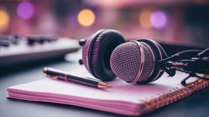 Obraz premium Microphone, headphones, and pen resting on notepad.