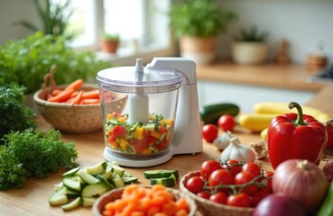 Food processor with chopped vegetables on clean kitchen counter. Fresh produce like carrots, tomatoes, zucchini, bell pepper surrounds appliance. Modern electric device simplifies healthy cooking,