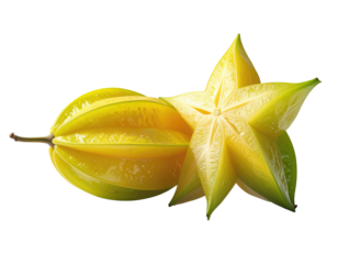 Two star fruit, one whole and one halved, vibrant yellow-gold,  with a slight green tint,  isolated against black
