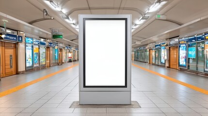 Blank Billboard Display in Modern Subway Station with Empty Ads and Bright Lighting, Ready for Promotion or Marketing Campaigns