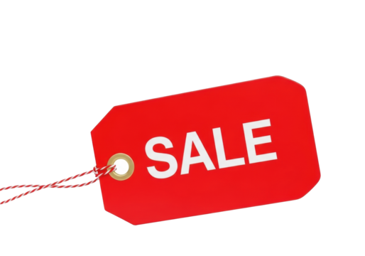 A bright, vivid red price tag with rounded corners, 'SALE' in white text, and a striped string threaded through, on a transparent background with copy space, studio shot, close-up. Concept of retail