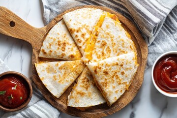 Delicious golden quesadillas served with a side of vibrant red dipping sauce