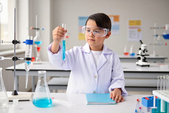 Young Scientist In Lab Coat Conducting Chemistry Experiment With Test Tubes And Safety Glasses. A curious young boy in a lab coat and safety glasses examines a blue liquid in a test tube, surrounded.