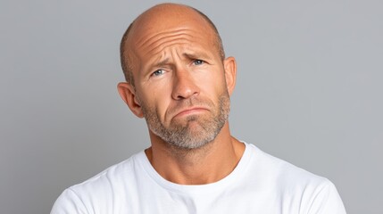 Obraz premium Concerned middle-aged man showing disappointment with a neutral background and sincere expression on his face