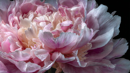 Fototapeta premium This image features a close up view of a flower, set against a dark background. The flower appears to be a layered blossom, exhibiting a complex arrangement of petals