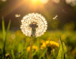 Dandelion in sunlit meadow