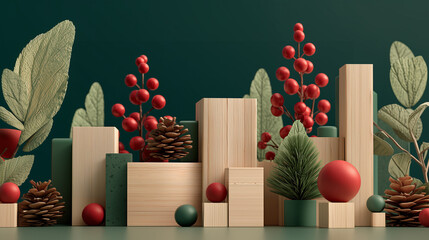 Wooden pedestal for product mockup in Christmas setting vibe. Creative holiday celebration concept