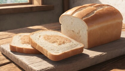 Freshly baked loaf of white bread with slices on wooden board.
