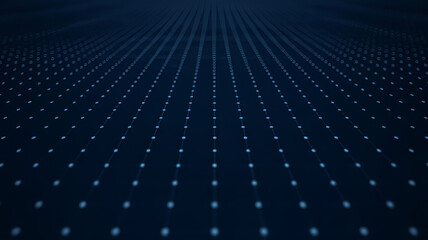 Abstract dark blue background with glowing dots forming a grid pattern in a perspective view