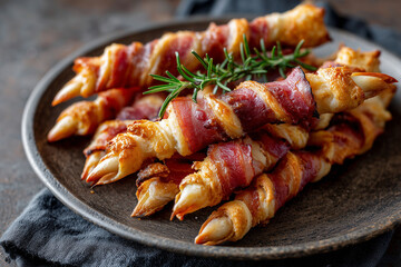 Spooky ham fingers with almond nails served on rustic plate, Halloween food styling, 