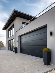 catalog photo of a modern garage door, wide sectional panels, matte anthracite finish, flush installation in clean plaster facade, straight-on view, sharp detail, neutral daylig