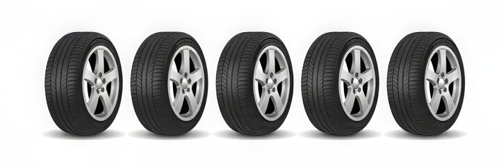 Obraz premium Five car tires in a row isolated on white background, perfect for automotive or transportation themes and designs