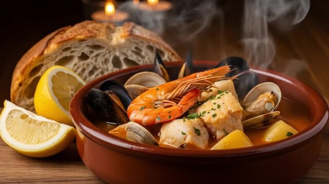 Aromatic Steaming Seafood Stew in a Rustic Bowl.