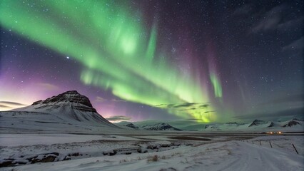 Northern Lights Over Snowy Mountains in Iceland – Aurora Borealis Landscape