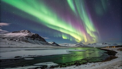 Northern Lights Over Snowy Mountains in Iceland – Aurora Borealis Landscape