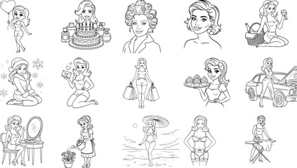 Diverse collection of vintage pin up girls in various playful poses and scenarios line art isolated on white background