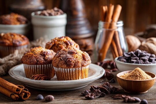 Delicious chocolate muffins and cinnamon sticks on a rustic wooden table