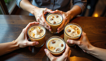 Friends having iced coffee toast together in cafe setting