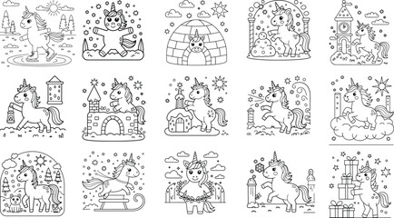 Adorable cartoon unicorns celebrating winter holidays and festive occasions collection isolated on white background