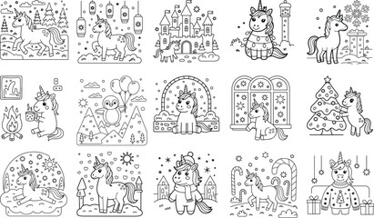 Obraz premium Charming cartoon unicorns celebrating festive and winter holidays in delightful scenes perfect for coloring and fantasy horse art isolated on white background