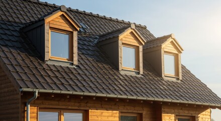 Fototapeta premium Modern Wooden House Roof with Sunlight Over Ceramic Tiles – Residential Architecture and Construction Concept 