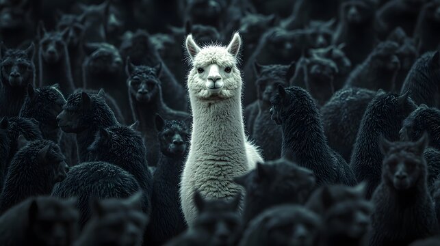 Photograph of numerous llamas in deep shadow, one distinct white llama stands out.