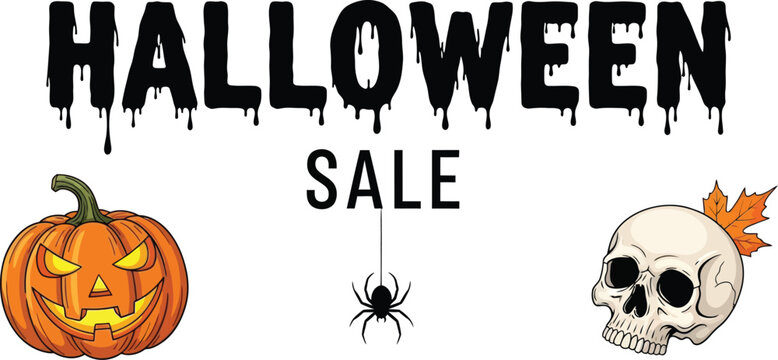 Spooky Halloween sale with pumpkin, spider, and skull motifs