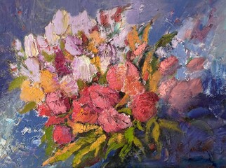 Painting by the author «Romantic bouquet purple and pink roses». Colourful oil painting on canvas. Oil paint texture with brush strokes. Modern art, cover design concept.