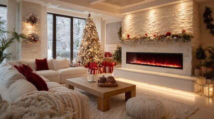 A cozy living room with a large fireplace and a Christmas tree