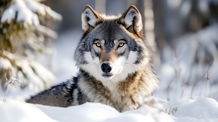 Fototapeta premium Photograph of a gray wolf resting in snowy winter forest, focused and alert.