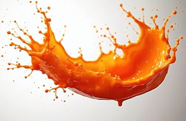 Vibrant orange buffalo sauce splashes dynamically mid-air. Bold, spicy liquid swirls with dramatic lighting against clean white background. Small droplets scatter, creating energetic, artistic visual
