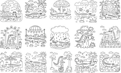 Collection of playful alligators in humorous and whimsical scenes perfect for coloring pages and childrens designs isolated on white background