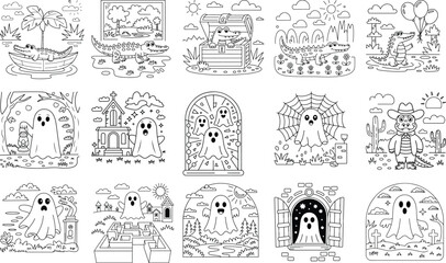 Halloween coloring pages featuring ghosts alligators spooky elements crocodile cowboy and other fun characters isolated on white background