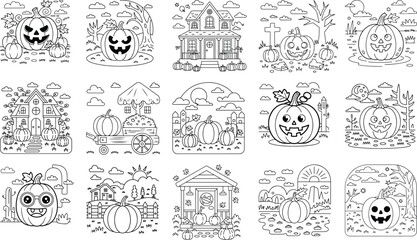 Collection of halloween coloring pages featuring spooky pumpkins and haunted houses isolated on white background