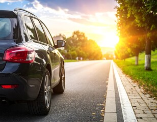 Dark car on a road at sunset