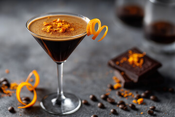 Dark chocolate espresso martini Halloween style with orange peel, elegant dramatic setup,
