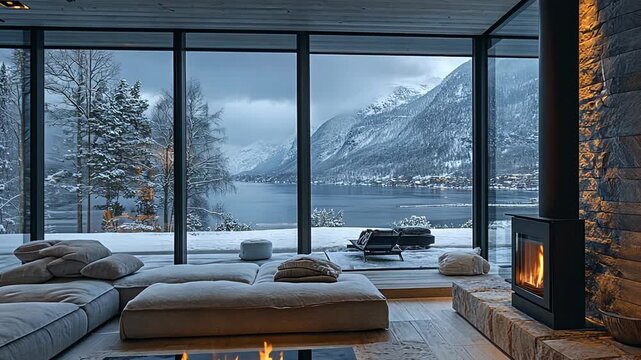 A cozy modern living room with a fireplace offers a scenic view of snow-covered mountains and a lake.