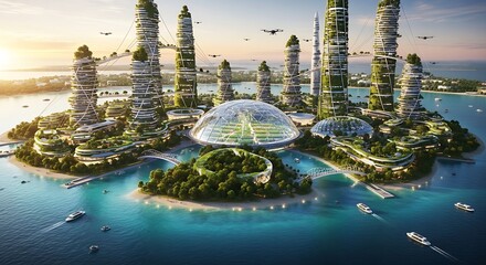 Futuristic Eco-City Concept on Island with Sustainable Architecture and Green Technology.