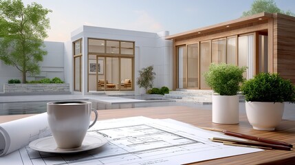 Modern architectural design concept featuring outdoor space and detailed blueprints on a wooden table with a coffee cup