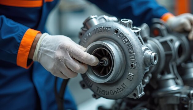 Mechanic wears gloves, securing turbocharger housing in workshop. Automotive engineering, precision assembly of metal part for vehicle performance, maintenance, repair industry. Skilled technician - Powered by Adobe