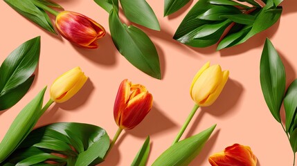 Obraz premium Colorful Tulips and Green Leaves on Soft Pink Background for Spring Floral Composition
