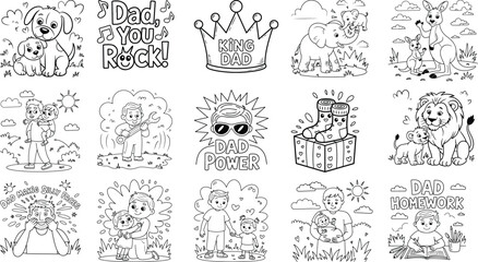 Fototapeta premium Father s day coloring pages featuring dads kids animals and heartwarming fun messages isolated on white background