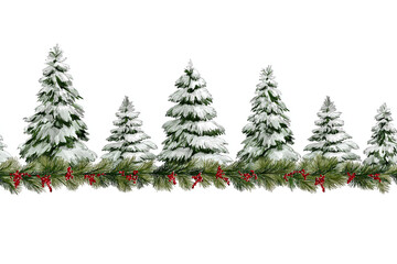 Fototapeta premium watercolor illustration of seamless border with snow-covered pine trees and garlands on white background