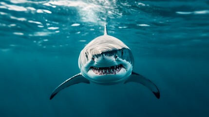 Underwater photograph of a great white shark with an intense, open-mouthed expression.