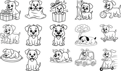Charming cartoon puppy dog illustrations depicting various playful poses and fun activities isolated on white background